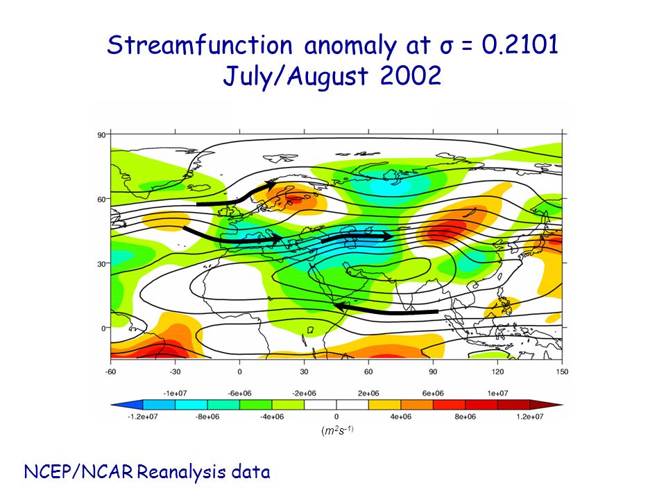 NCEP/NCAR Reanalysis data Streamfunction anomaly at σ = July/August 2002 (m 2 s -1)