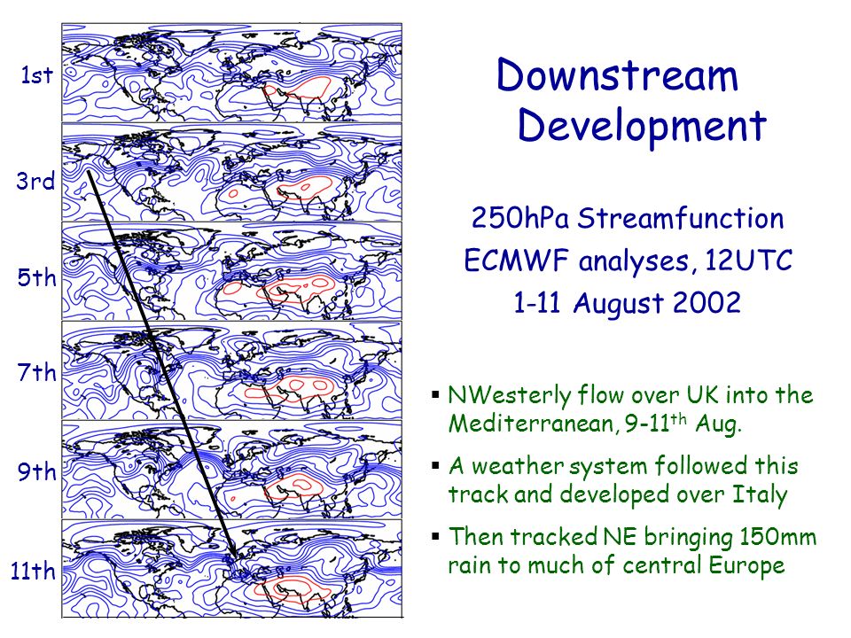 Downstream Development 1st 3rd 5th 7th 9th 11th 250hPa Streamfunction ECMWF analyses, 12UTC 1-11 August 2002 NWesterly flow over UK into the Mediterranean, 9-11 th Aug.