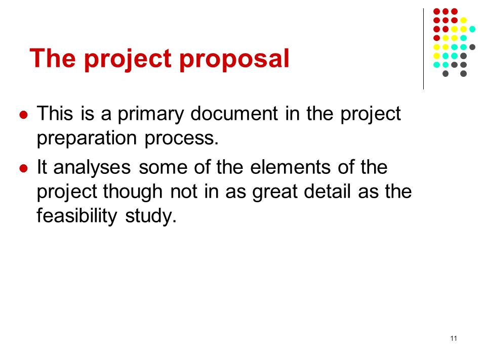 11 The project proposal This is a primary document in the project preparation process.