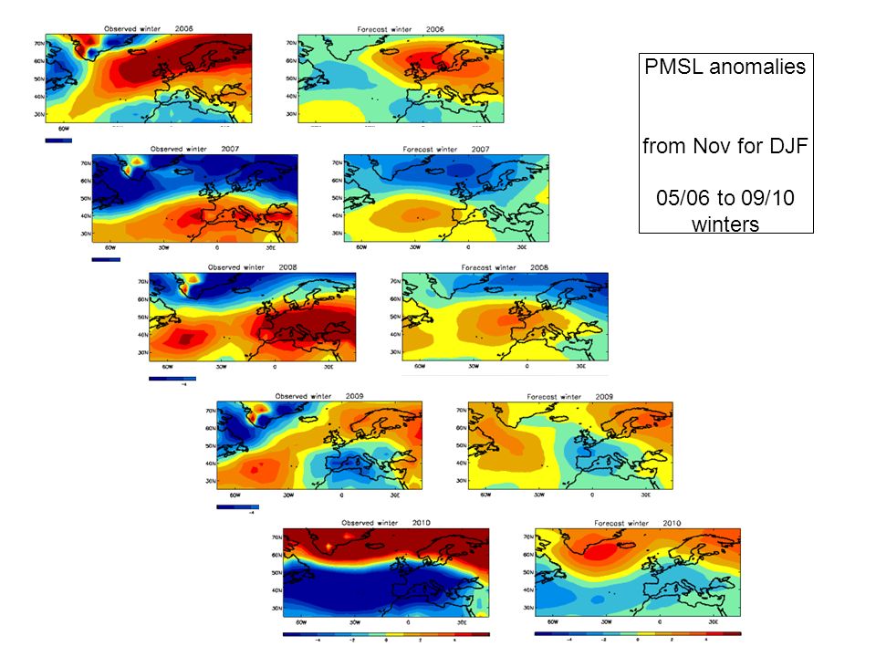 PMSL anomalies from Nov for DJF 05/06 to 09/10 winters