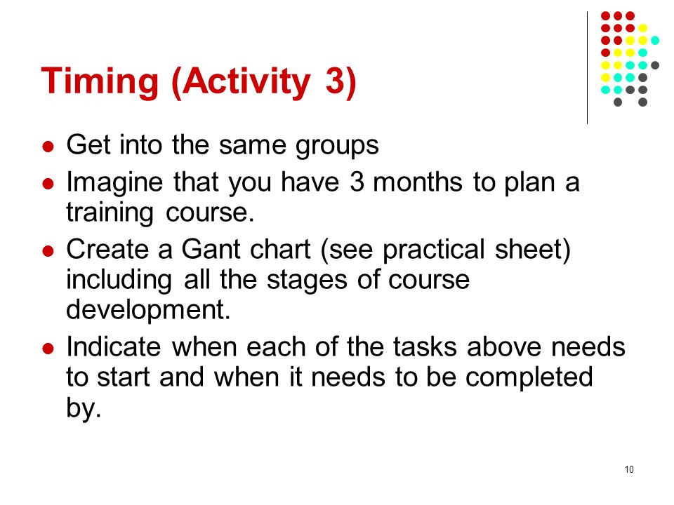 10 Timing (Activity 3) Get into the same groups Imagine that you have 3 months to plan a training course.