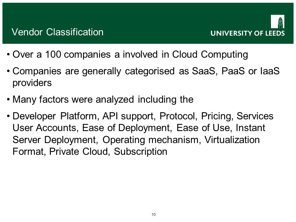 10 Vendor Classification Over a 100 companies a involved in Cloud Computing Companies are generally categorised as SaaS, PaaS or IaaS providers Many factors were analyzed including the Developer Platform, API support, Protocol, Pricing, Services User Accounts, Ease of Deployment, Ease of Use, Instant Server Deployment, Operating mechanism, Virtualization Format, Private Cloud, Subscription