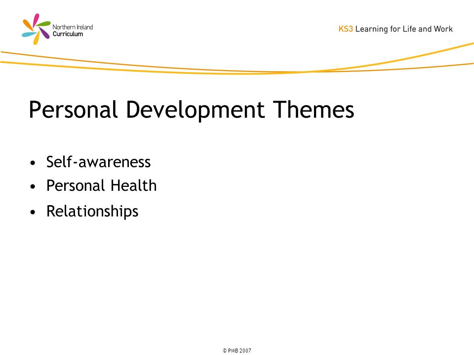 © PMB 2007 Self-awareness Personal Health Relationships Personal Development Themes