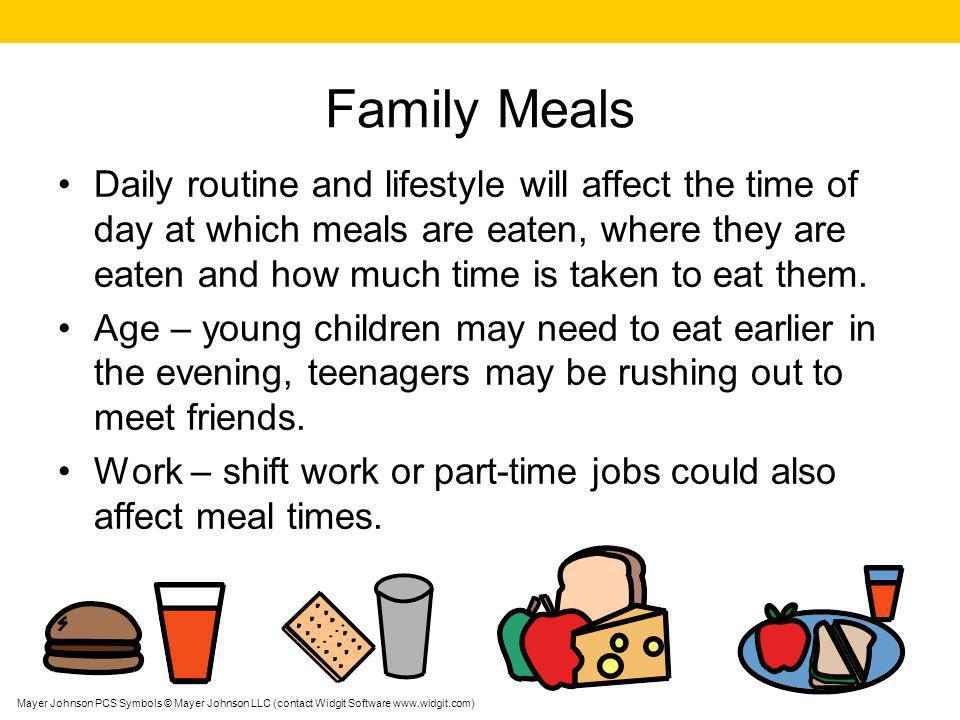 Family Meals Daily routine and lifestyle will affect the time of day at which meals are eaten, where they are eaten and how much time is taken to eat them.