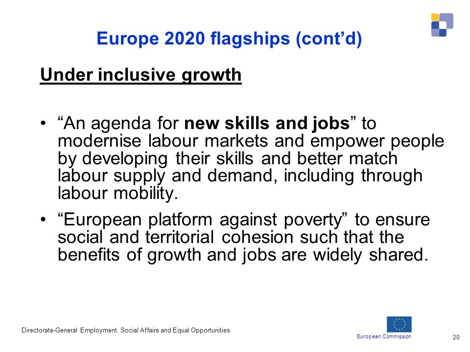 European Commission Directorate-General Employment, Social Affairs and Equal Opportunities 20 Europe 2020 flagships (contd) Under inclusive growth An agenda for new skills and jobs to modernise labour markets and empower people by developing their skills and better match labour supply and demand, including through labour mobility.