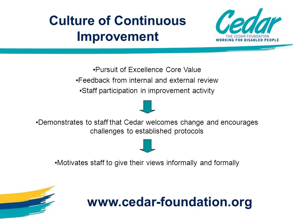 Pursuit of Excellence Core Value Feedback from internal and external review Staff participation in improvement activity Demonstrates to staff that Cedar welcomes change and encourages challenges to established protocols Motivates staff to give their views informally and formally Culture of Continuous Improvement