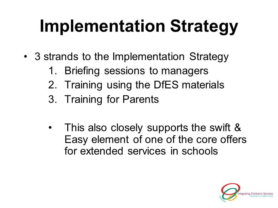 Implementation Strategy 3 strands to the Implementation Strategy 1.Briefing sessions to managers 2.Training using the DfES materials 3.Training for Parents This also closely supports the swift & Easy element of one of the core offers for extended services in schools