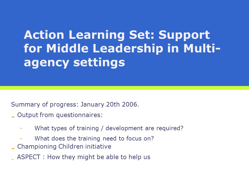 Action Learning Set: Support for Middle Leadership in Multi- agency settings Summary of progress: January 20th 2006.