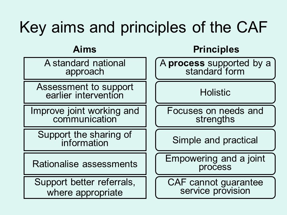 Key aims and principles of the CAF A standard national approach Assessment to support earlier intervention A process supported by a standard form Holistic CAF cannot guarantee service provision Empowering and a joint process Simple and practical Focuses on needs and strengths Improve joint working and communication Rationalise assessments Support the sharing of information Support better referrals, where appropriate PrinciplesAims