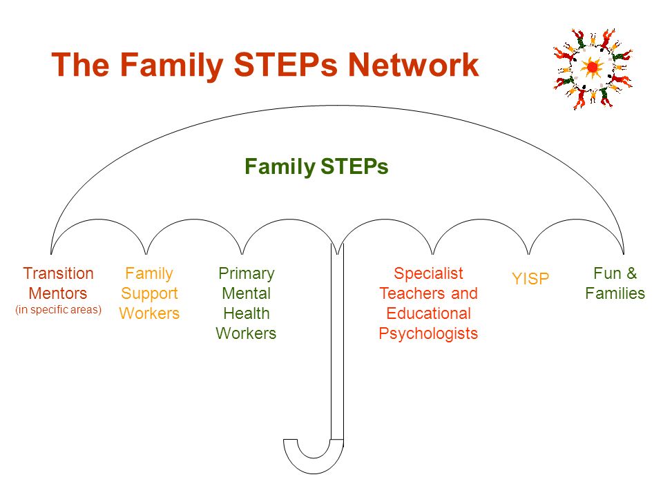 Family STEPs Family Support Workers Primary Mental Health Workers Specialist Teachers and Educational Psychologists YISP Transition Mentors (in specific areas) The Family STEPs Network Fun & Families