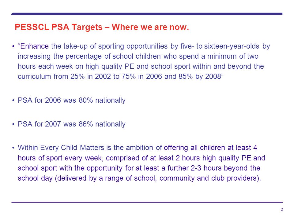 2 PESSCL PSA Targets – Where we are now.