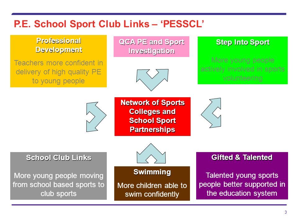 3 Gifted & Talented Talented young sports people better supported in the education system Network of Sports Colleges and School Sport Partnerships Professional Development Teachers more confident in delivery of high quality PE to young people School Club Links More young people moving from school based sports to club sports Step Into Sport More young people actively involved in sports volunteering Swimming More children able to swim confidently QCA PE and Sport Investigation P.E.