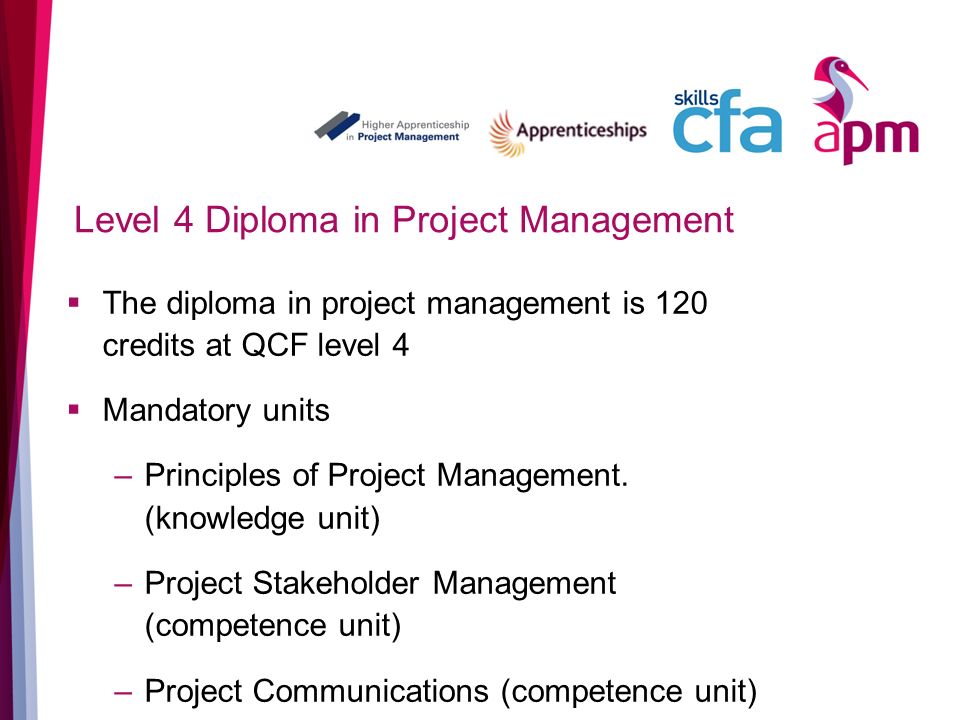 Level 4 Diploma in Project Management The diploma in project management is 120 credits at QCF level 4 Mandatory units –Principles of Project Management.