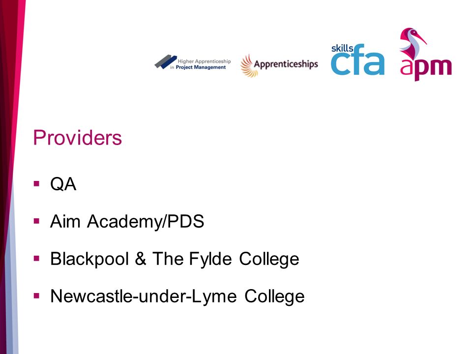Providers QA Aim Academy/PDS Blackpool & The Fylde College Newcastle-under-Lyme College