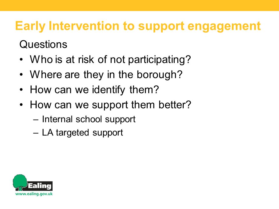 Early Intervention to support engagement Questions Who is at risk of not participating.