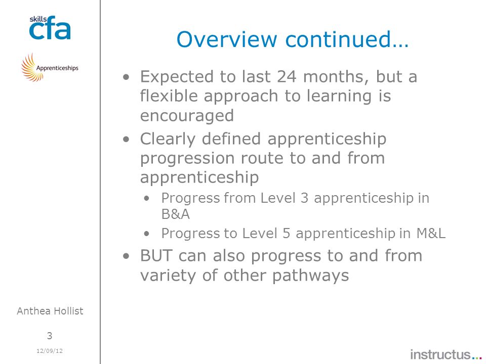 3 12/09/12 Anthea Hollist Overview continued… Expected to last 24 months, but a flexible approach to learning is encouraged Clearly defined apprenticeship progression route to and from apprenticeship Progress from Level 3 apprenticeship in B&A Progress to Level 5 apprenticeship in M&L BUT can also progress to and from variety of other pathways