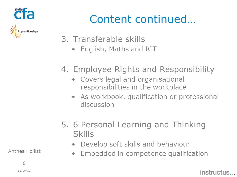 6 12/09/12 Anthea Hollist Content continued… 3.Transferable skills English, Maths and ICT 4.Employee Rights and Responsibility Covers legal and organisational responsibilities in the workplace As workbook, qualification or professional discussion 5.6 Personal Learning and Thinking Skills Develop soft skills and behaviour Embedded in competence qualification
