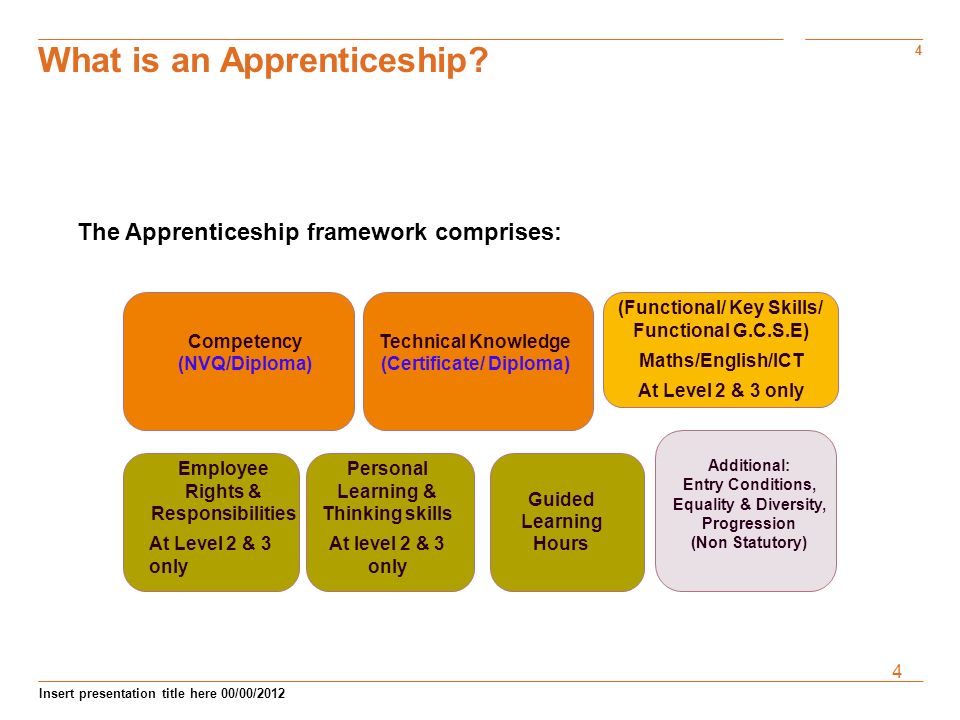 4 Insert presentation title here 00/00/ What is an Apprenticeship.