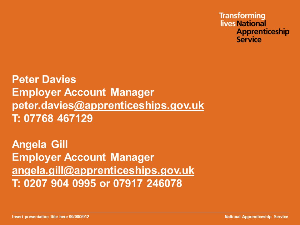 Insert presentation title here 00/00/2012 Peter Davies Employer Account Manager T: Angela Gill Employer Account Manager T: or National Apprenticeship Service