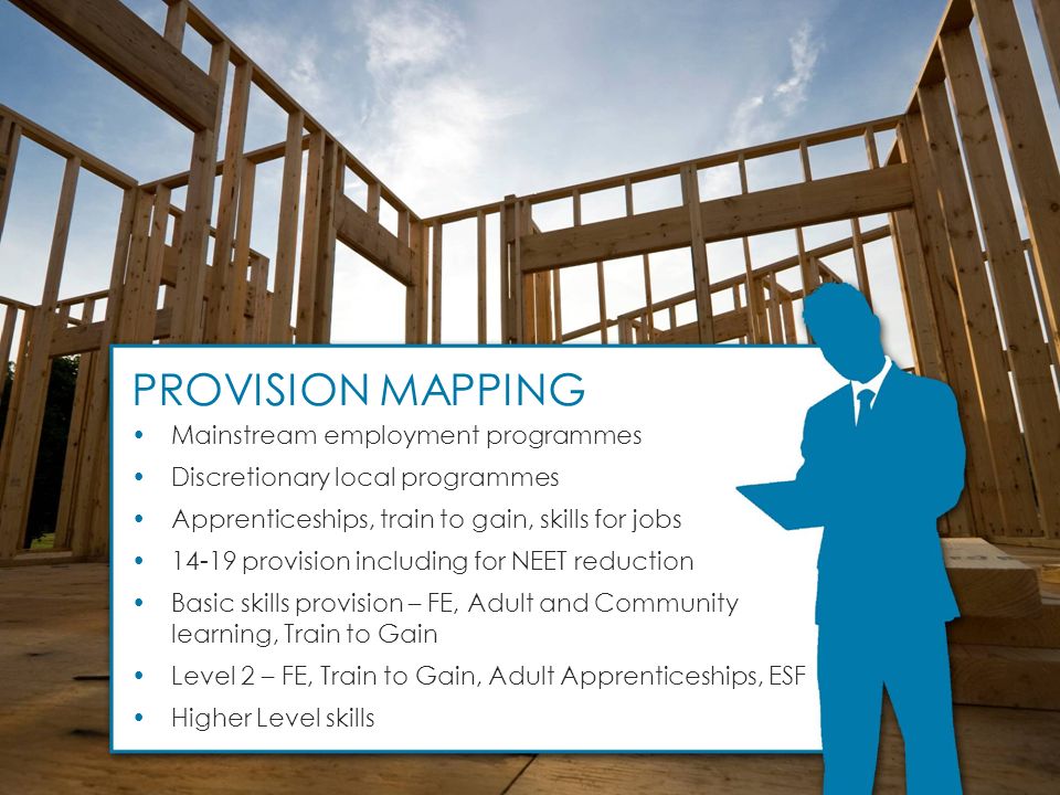 PROVISION MAPPING Mainstream employment programmes Discretionary local programmes Apprenticeships, train to gain, skills for jobs provision including for NEET reduction Basic skills provision – FE, Adult and Community learning, Train to Gain Level 2 – FE, Train to Gain, Adult Apprenticeships, ESF Higher Level skills