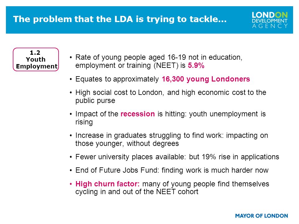 The problem that the LDA is trying to tackle… Rate of young people aged not in education, employment or training (NEET) is 5.9% Equates to approximately 16,300 young Londoners High social cost to London, and high economic cost to the public purse Impact of the recession is hitting: youth unemployment is rising Increase in graduates struggling to find work: impacting on those younger, without degrees Fewer university places available: but 19% rise in applications End of Future Jobs Fund: finding work is much harder now High churn factor: many of young people find themselves cycling in and out of the NEET cohort 1.2 Youth Employment
