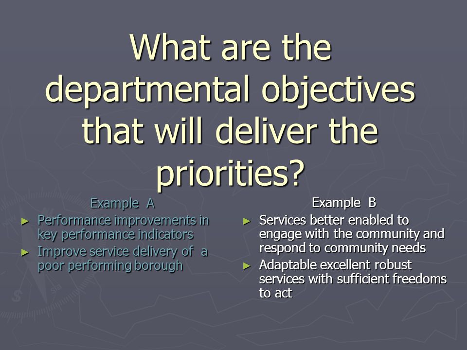 What are the departmental objectives that will deliver the priorities.