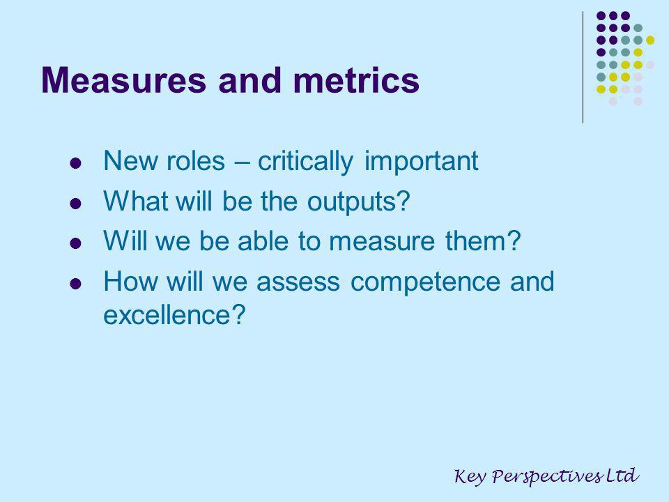 Measures and metrics New roles – critically important What will be the outputs.