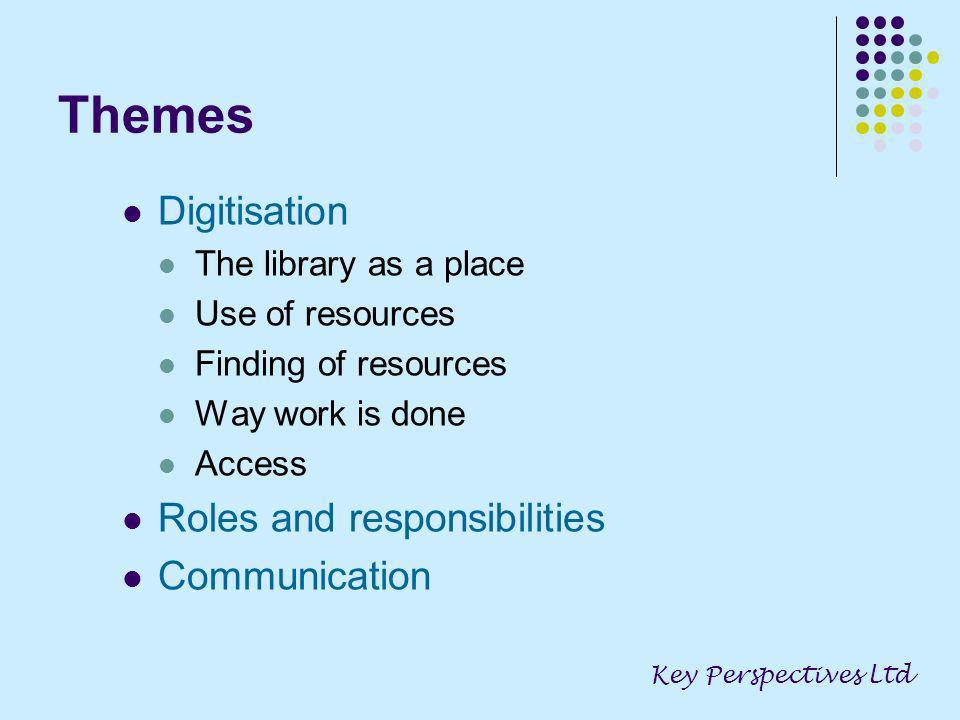 Themes Digitisation The library as a place Use of resources Finding of resources Way work is done Access Roles and responsibilities Communication Key Perspectives Ltd