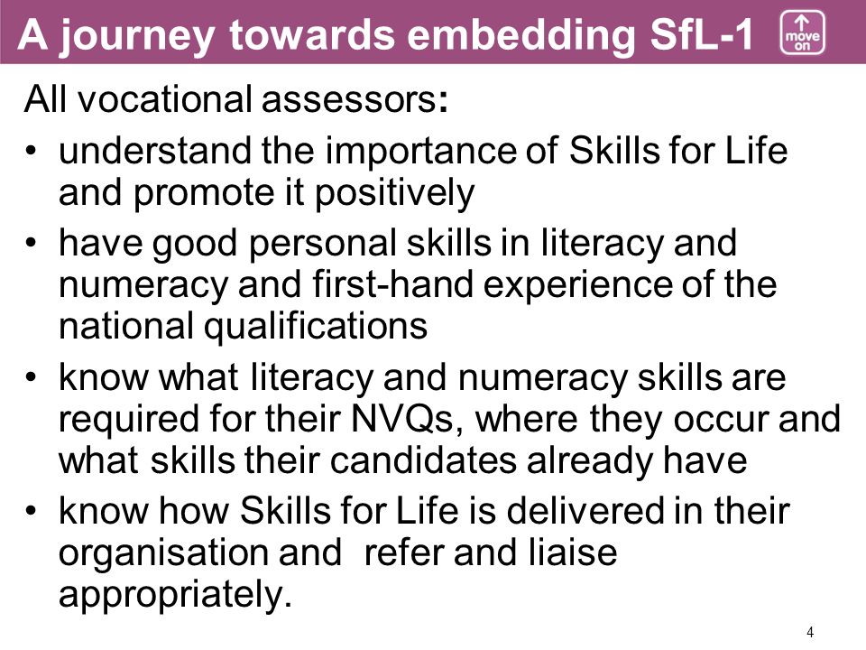 4 A journey towards embedding SfL-1 All vocational assessors: understand the importance of Skills for Life and promote it positively have good personal skills in literacy and numeracy and first-hand experience of the national qualifications know what literacy and numeracy skills are required for their NVQs, where they occur and what skills their candidates already have know how Skills for Life is delivered in their organisation and refer and liaise appropriately.