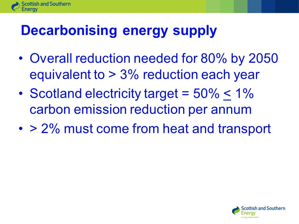 Decarbonising energy supply Overall reduction needed for 80% by 2050 equivalent to > 3% reduction each year Scotland electricity target = 50% < 1% carbon emission reduction per annum > 2% must come from heat and transport