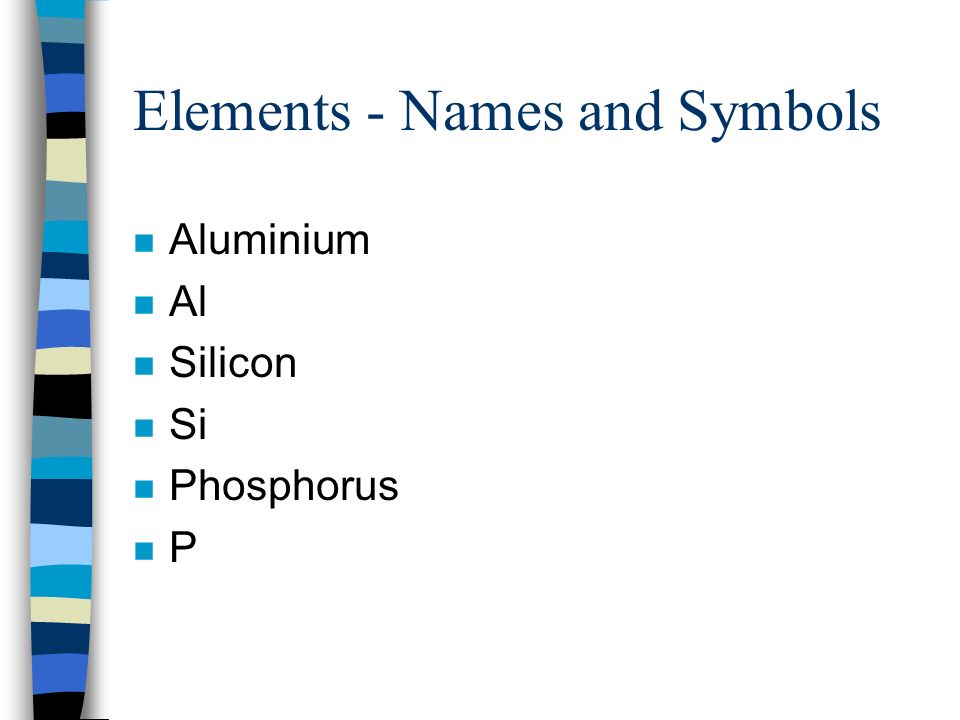 Elements - Names and Symbols n Aluminium n Al n Silicon n Si n Phosphorus nPnP