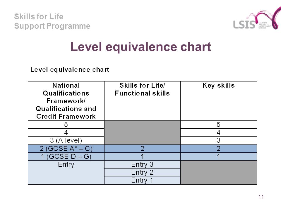 Skills for Life Support Programme 11 Level equivalence chart