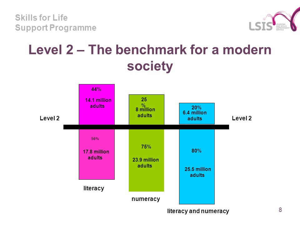 Skills for Life Support Programme 8 Level 2 – The benchmark for a modern society 44% 14.1 million adults 56% 17.8 million adults 25 % 8 million adults 75% 23.9 million adults 20% 6.4 million adults 80% 25.5 million adults literacy numeracy literacy and numeracy Level 2