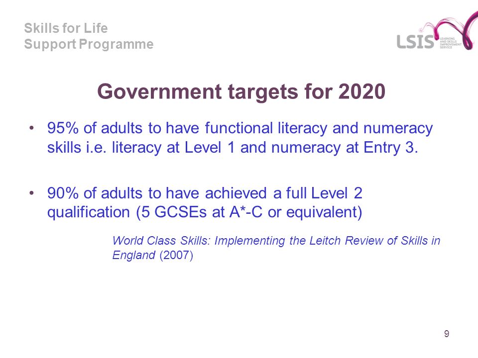 Skills for Life Support Programme Government targets for % of adults to have functional literacy and numeracy skills i.e.