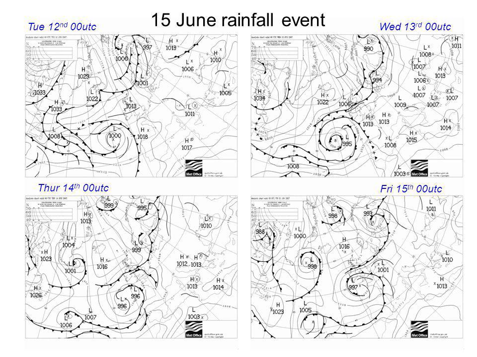 15 June rainfall event Fri 15 th 00utc Wed 13 rd 00utcTue 12 nd 00utc Thur 14 th 00utc
