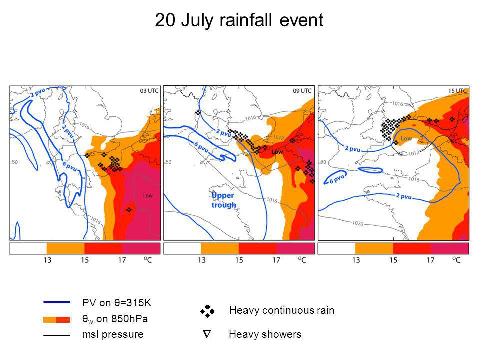 20 July rainfall event PV on θ=315K θ w on 850hPa msl pressure Heavy showers Heavy continuous rain