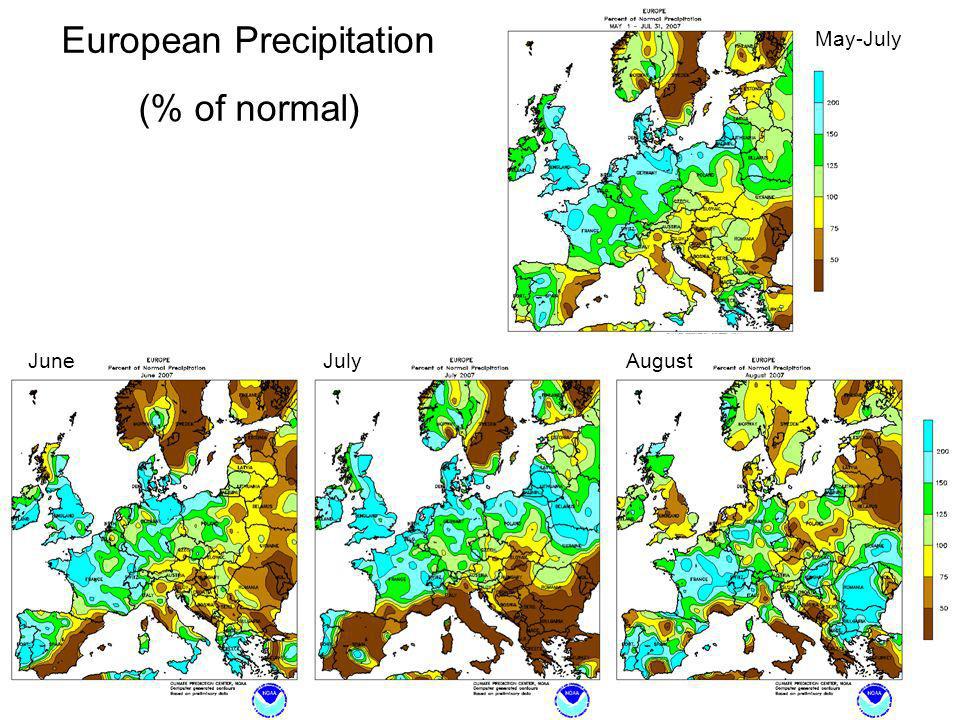 European Precipitation (% of normal) JuneAugustJuly May-July