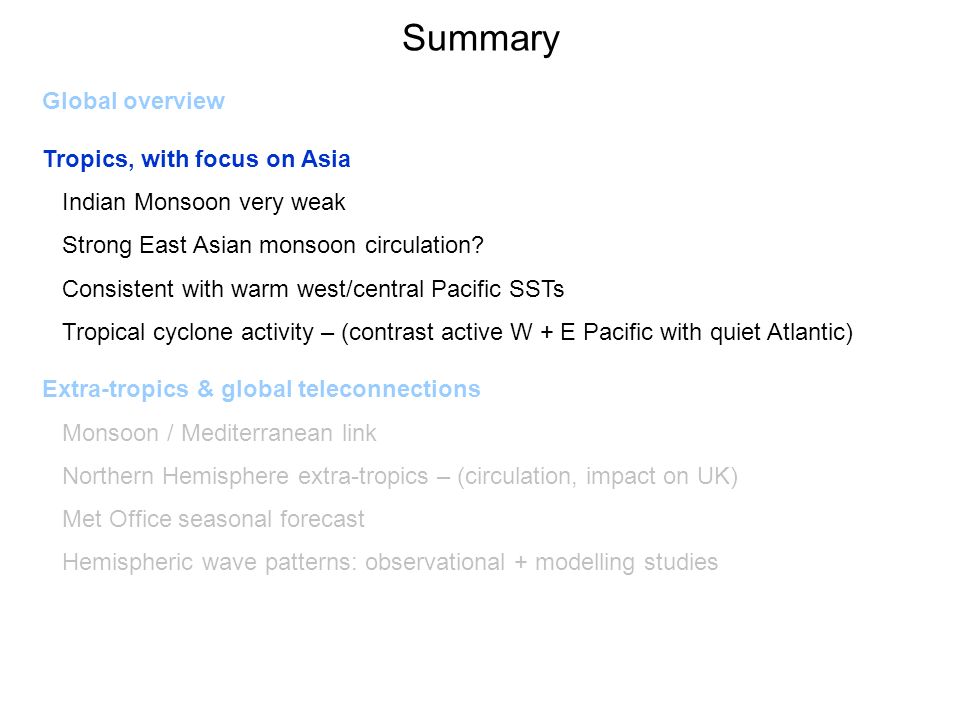 Summary Global overview Tropics, with focus on Asia Indian Monsoon very weak Strong East Asian monsoon circulation.