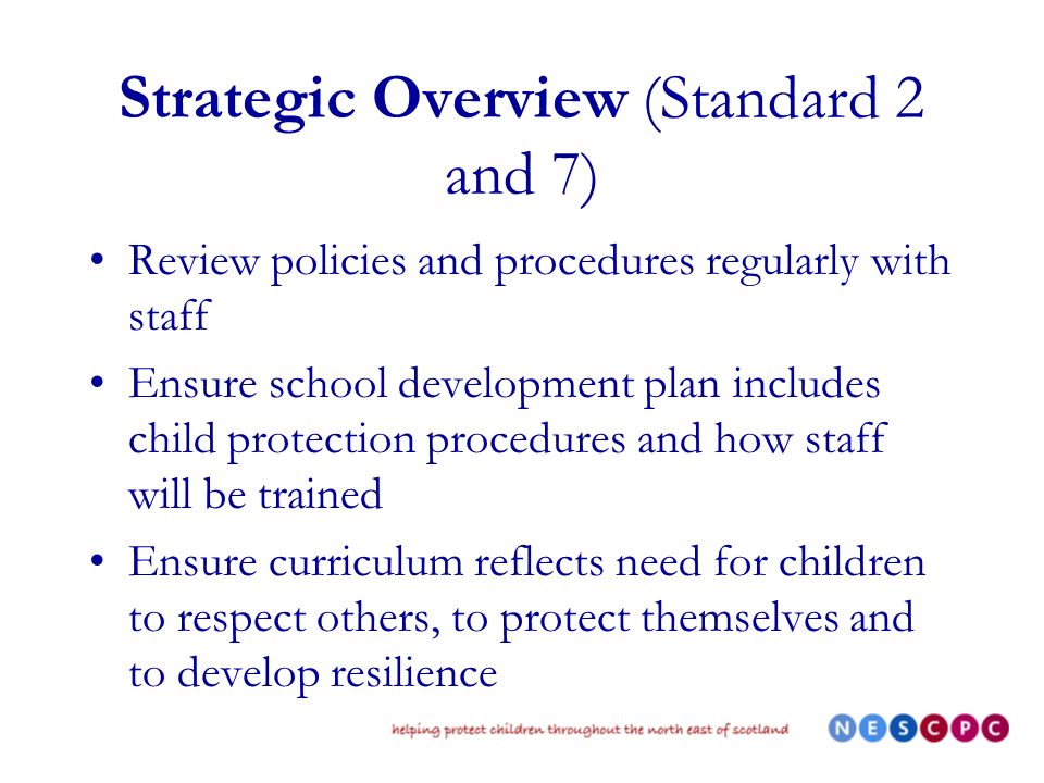 Strategic Overview (Standard 2 and 7) Review policies and procedures regularly with staff Ensure school development plan includes child protection procedures and how staff will be trained Ensure curriculum reflects need for children to respect others, to protect themselves and to develop resilience