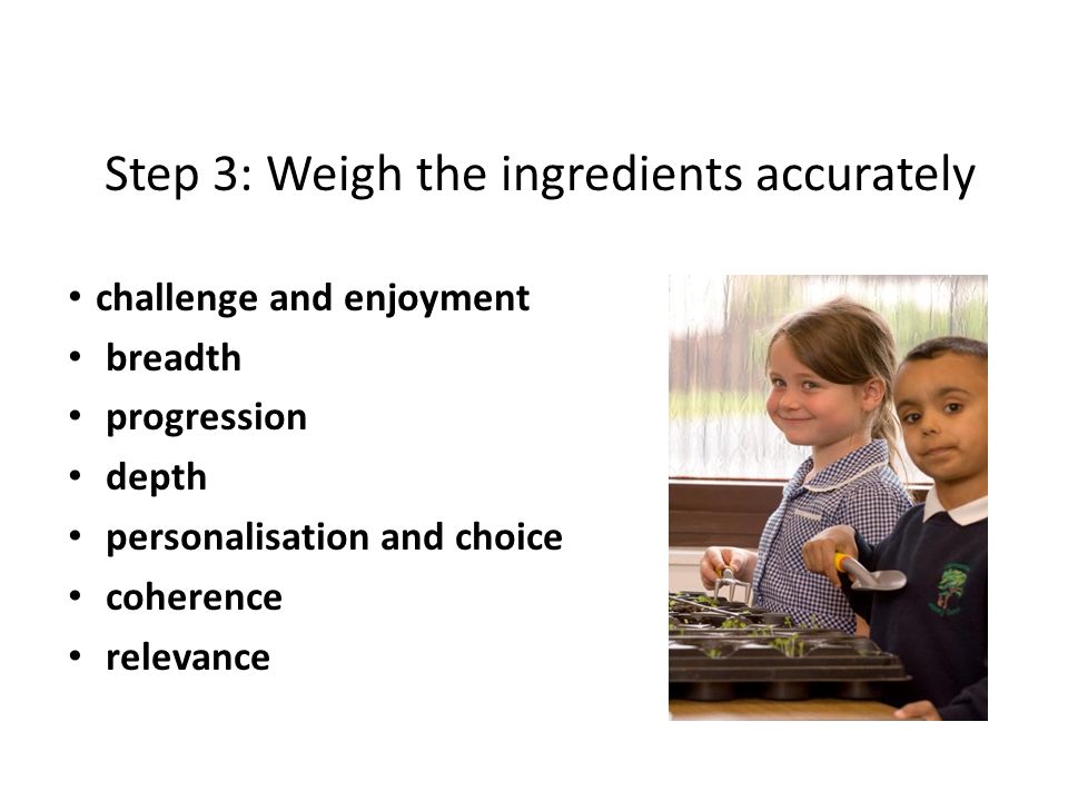 Step 3: Weigh the ingredients accurately challenge and enjoyment breadth progression depth personalisation and choice coherence relevance