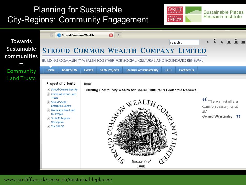 Towards Sustainable communities – Community Land Trusts Planning for Sustainable City-Regions: Community Engagement
