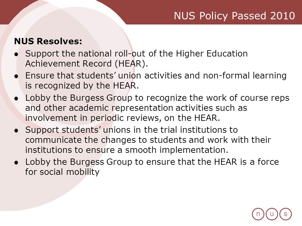 NUS Policy Passed 2010 NUS Resolves: Support the national roll-out of the Higher Education Achievement Record (HEAR).
