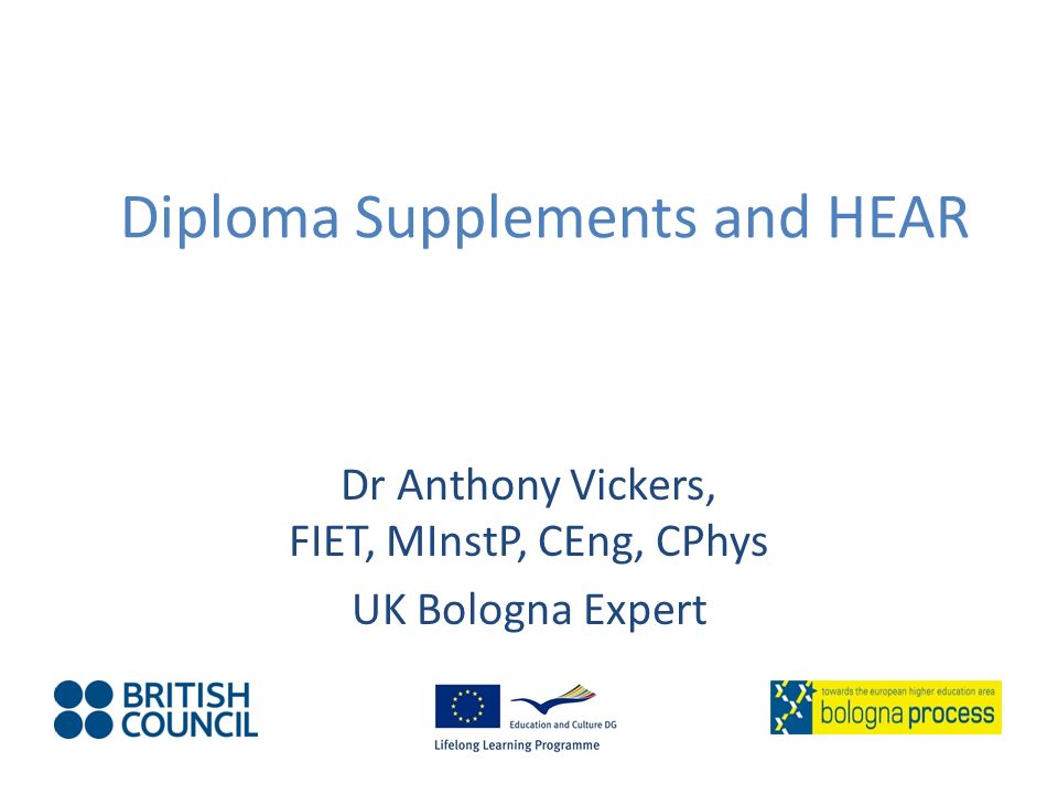 Diploma Supplements and HEAR Dr Anthony Vickers, FIET, MInstP, CEng, CPhys UK Bologna Expert