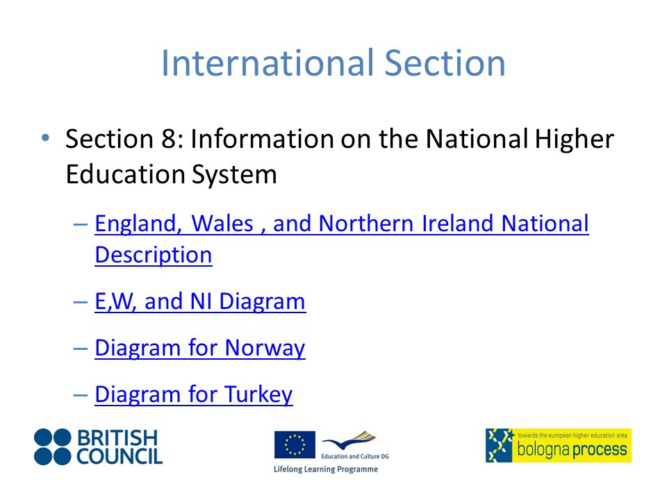 International Section Section 8: Information on the National Higher Education System – England, Wales, and Northern Ireland National Description England, Wales, and Northern Ireland National Description – E,W, and NI Diagram E,W, and NI Diagram – Diagram for Norway Diagram for Norway – Diagram for Turkey Diagram for Turkey