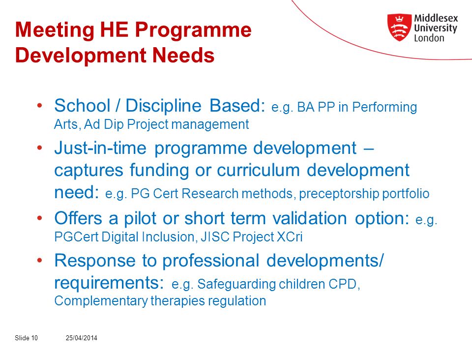 Meeting HE Programme Development Needs School / Discipline Based: e.g.