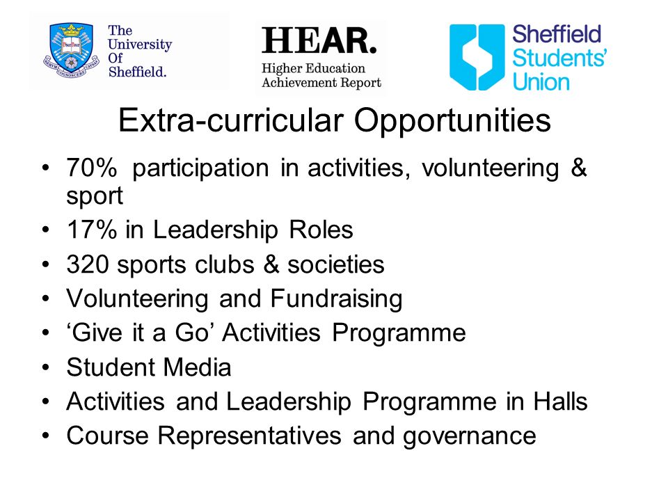 Extra-curricular Opportunities 70% participation in activities, volunteering & sport 17% in Leadership Roles 320 sports clubs & societies Volunteering and Fundraising Give it a Go Activities Programme Student Media Activities and Leadership Programme in Halls Course Representatives and governance