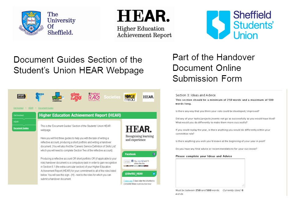 Document Guides Section of the Students Union HEAR Webpage Part of the Handover Document Online Submission Form