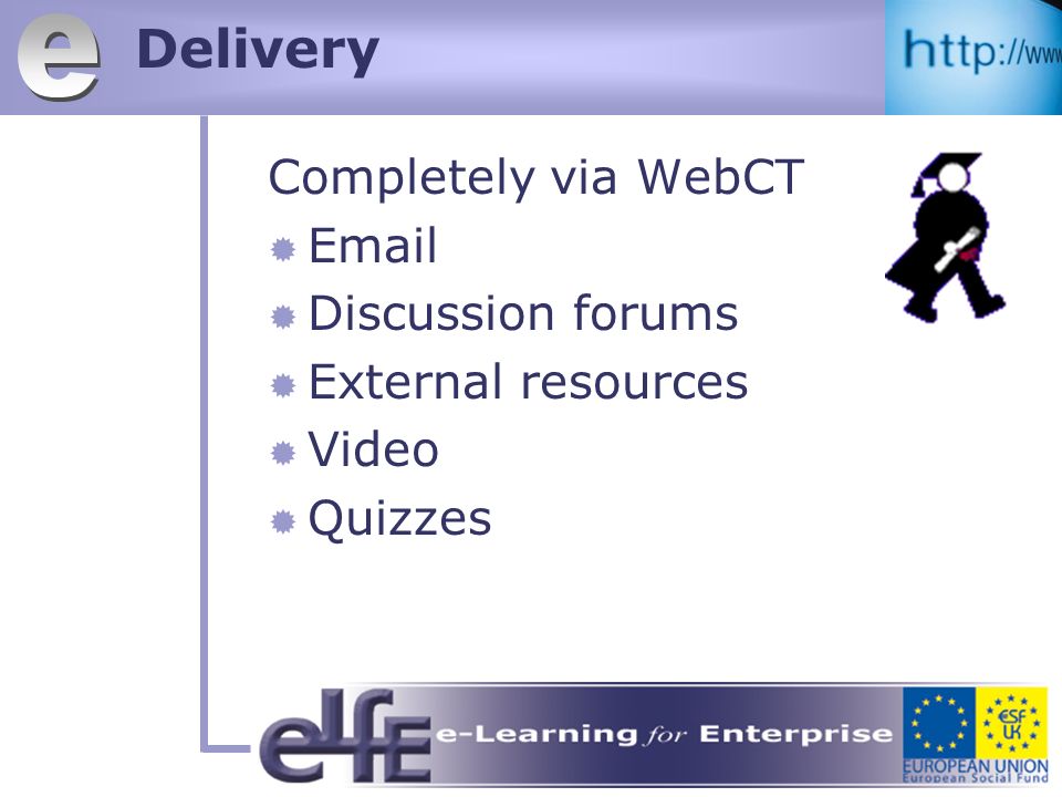 Delivery Completely via WebCT  Discussion forums External resources Video Quizzes