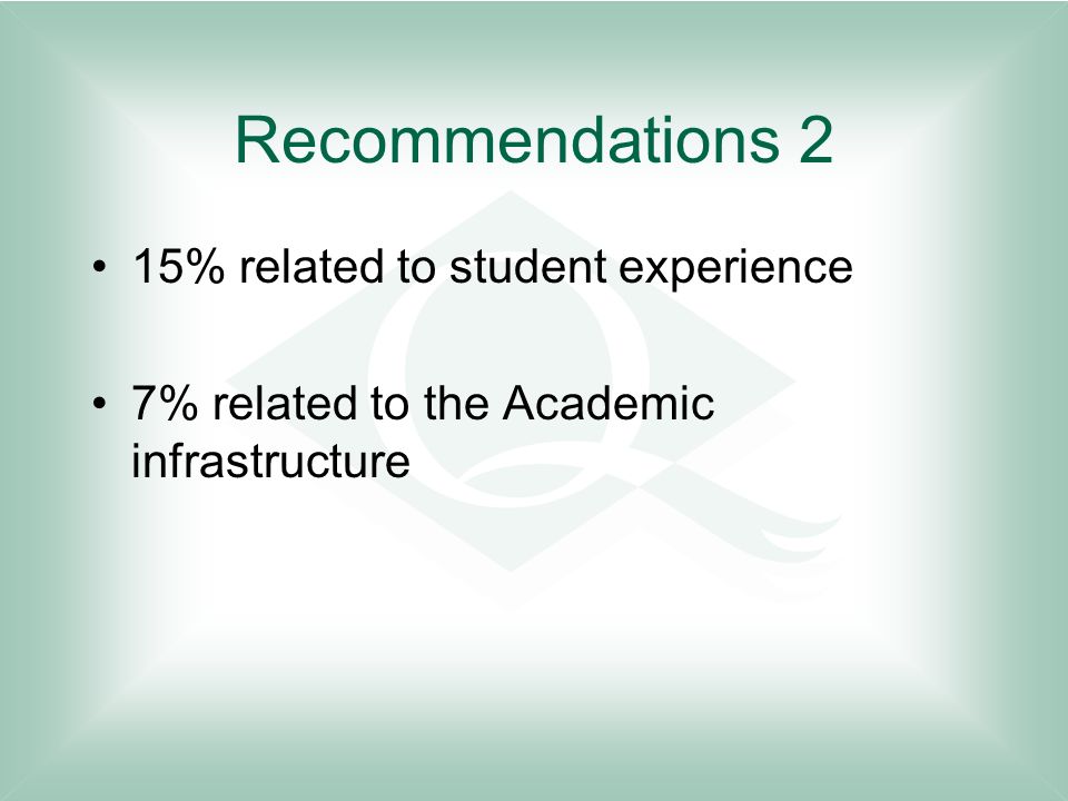 Recommendations 2 15% related to student experience 7% related to the Academic infrastructure