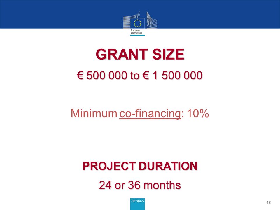 GRANT SIZE to to Minimum co-financing: 10% PROJECT DURATION 24 or 36 months 10